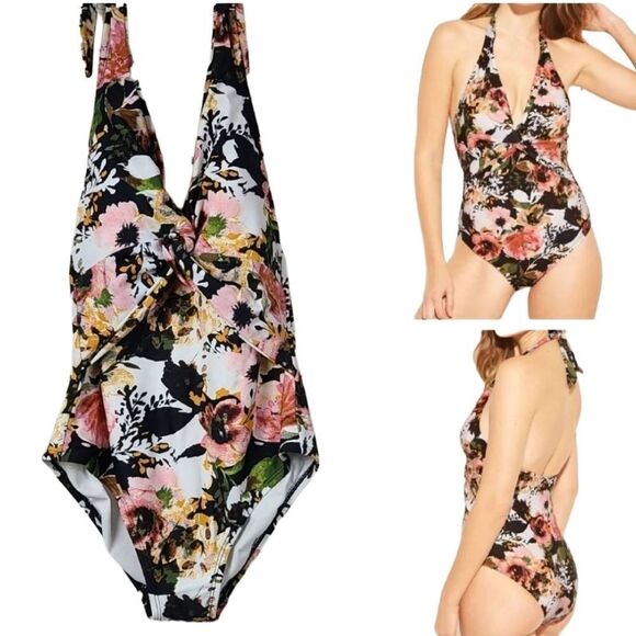 Kona Sol Twist Front Halter One-Piece Swimsuit Floral Print Small Bathing Suit - Picture 1 of 10